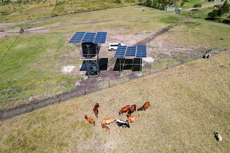 Aerial view of a solar-powered water point serving a rural community